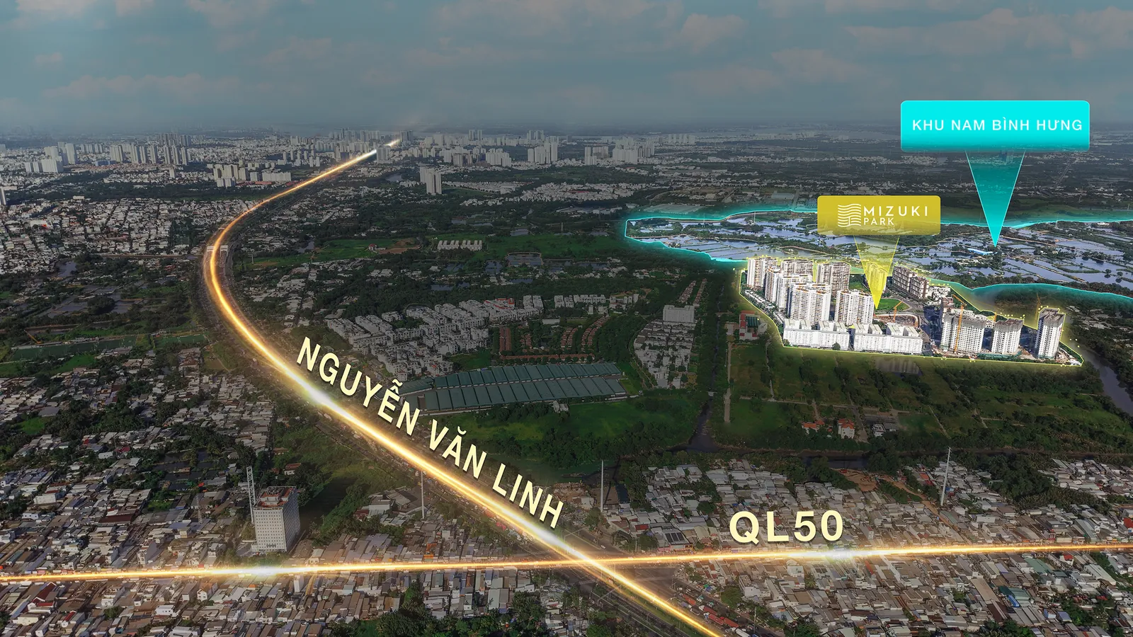 Nút giao Đại lộ Nguyễn Văn Linh và Quốc lộ 50 nhìn từ trên cao